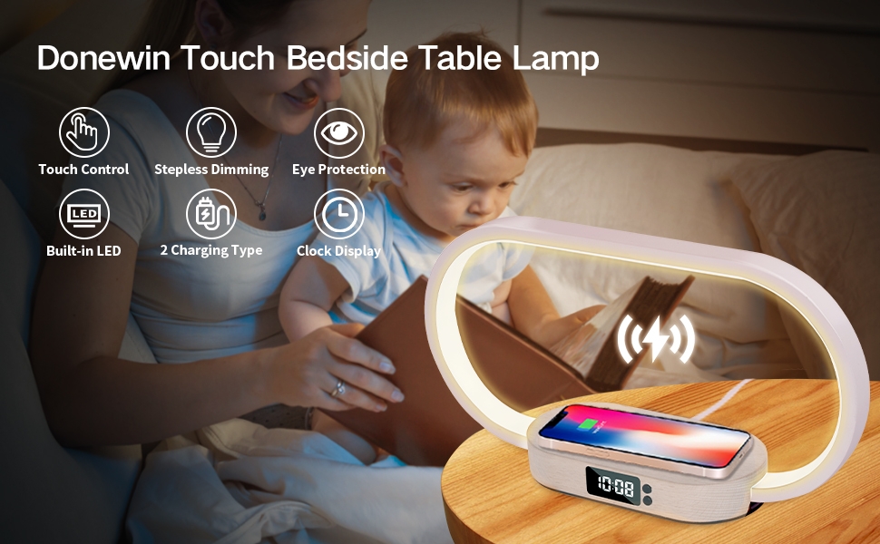bedside lamp with USB charging port bedroom lamp with wireless charger nightstand lamp with clock